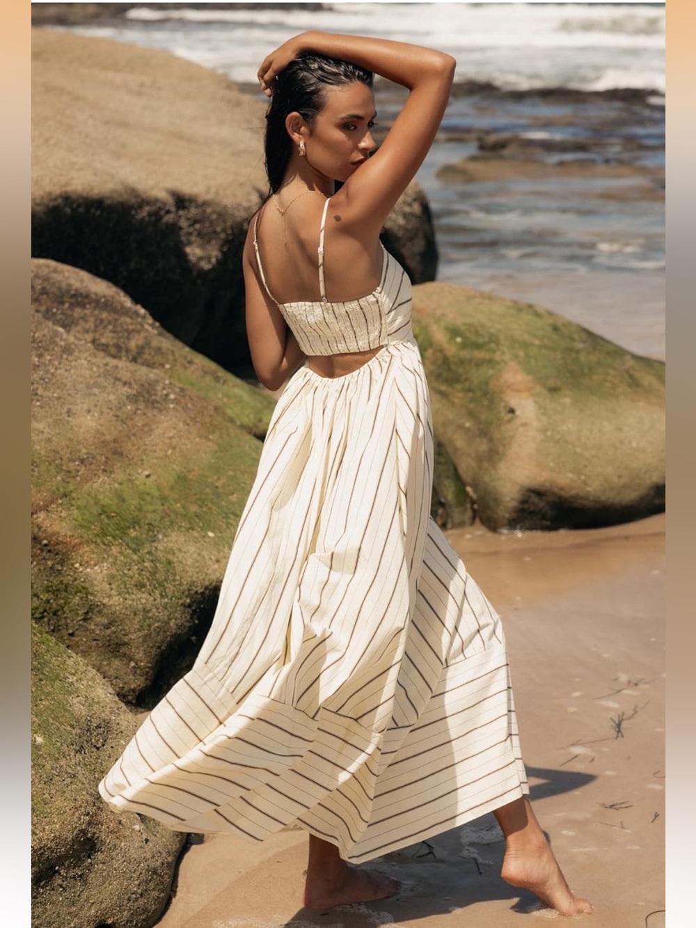 Petal & Pup Cream Maxi Dress with Thin Brown Stripes - Picture 2 of 16